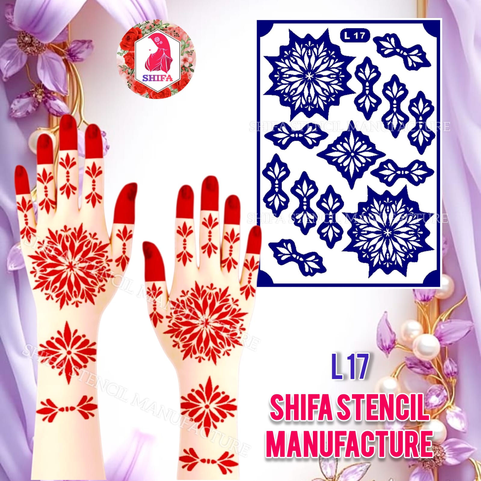 L 17 Starburst Blossom Pattern Sticker Overview Henna Stencil - Shifa Stencil